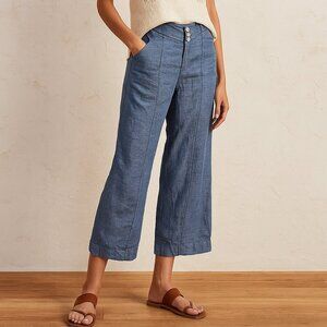 Cidra by Anthropologie Blue Linen Cropped Pants Size 12 100% Linen Wide Leg Summ